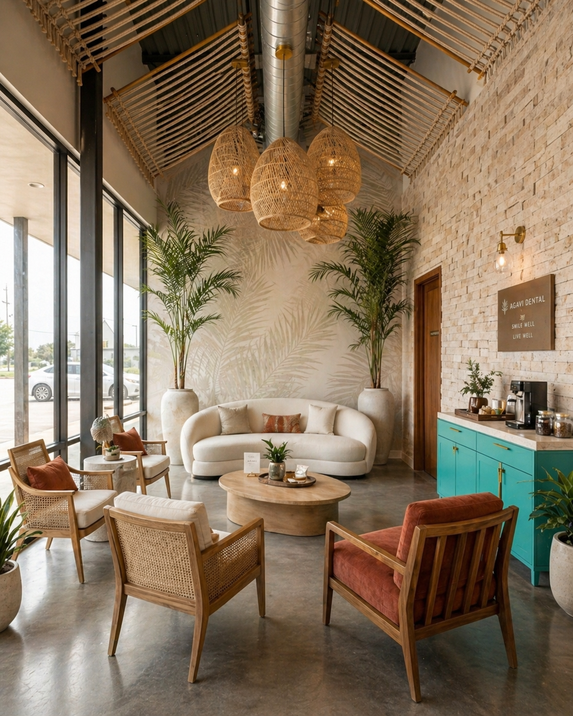 AGAVI lounge — rattan pendants and tropical planting